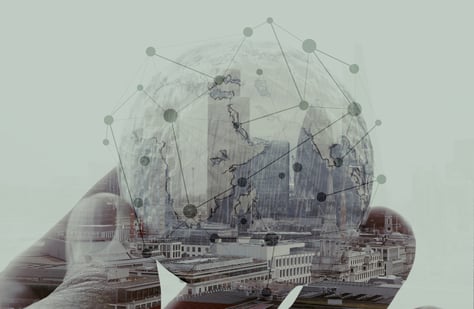 double exposure of businessman hand showing texture the world concept and social network diagram Elements of this image furnished by NASA london city background